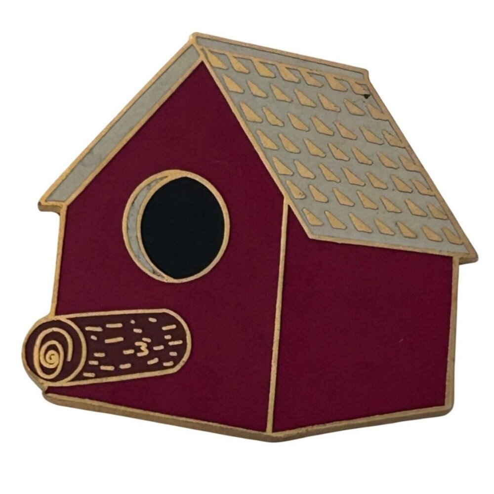 Birdhouse Bird Watch Enamel Lapel Pin Red Metal Vintage